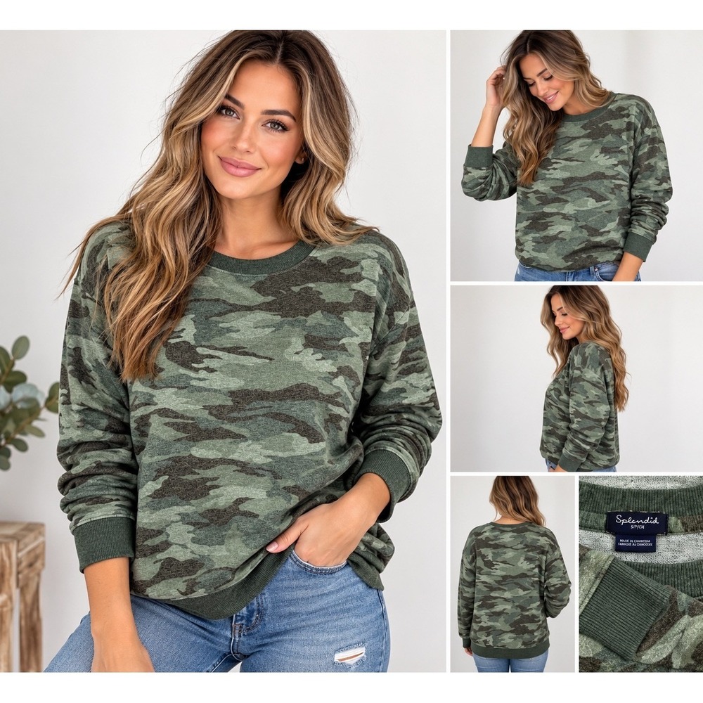 Splendid Sweatshirt Womens Small Green Camo Crewneck Relaxed Fit Pullover Soft